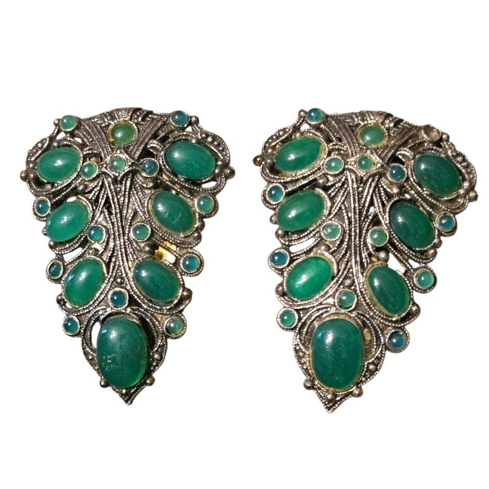 VTG Art Deco Green Leaf‎ Cabochon Dress Clips Silver Tone 1930s 40s? Estate